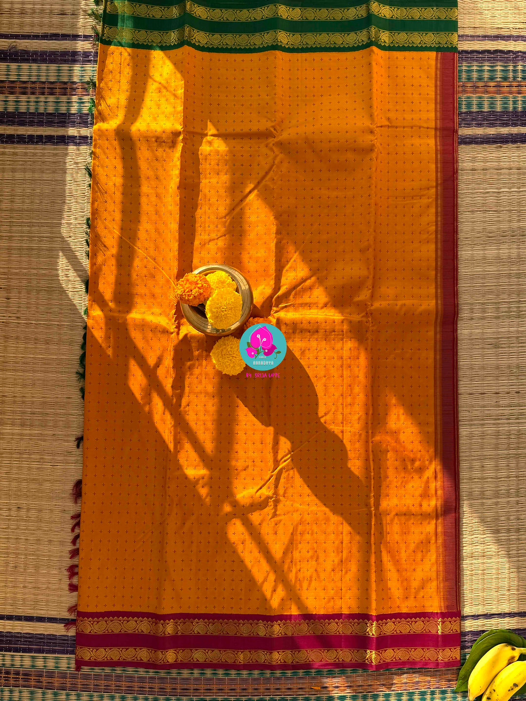 Luminous Mustard Kanchipattu Silk with Timeless Crimson & Emerald Dual Gapped Borders