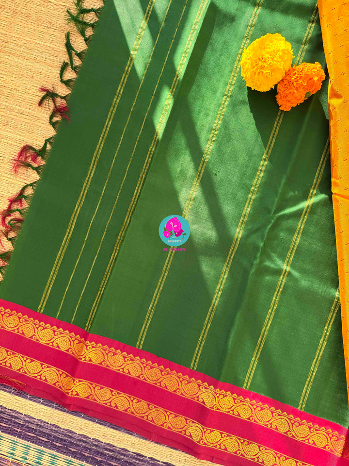 Luminous Mustard Kanchipattu Silk with Timeless Crimson & Emerald Dual Gapped Borders