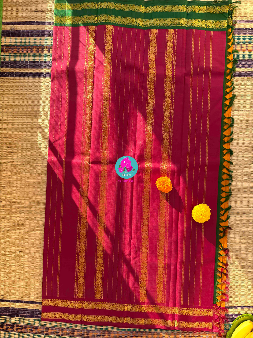 Luminous Mustard Kanchipattu Silk with Timeless Crimson & Emerald Dual Gapped Borders