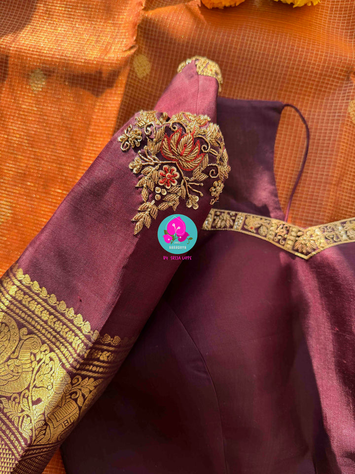 Deep Rust Kanchipuram Silk with Gilded Vaira Oosi & Hand-Embroidered Elegance