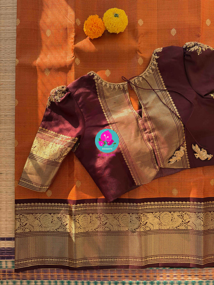 Deep Rust Kanchipuram Silk with Gilded Vaira Oosi & Hand-Embroidered Elegance