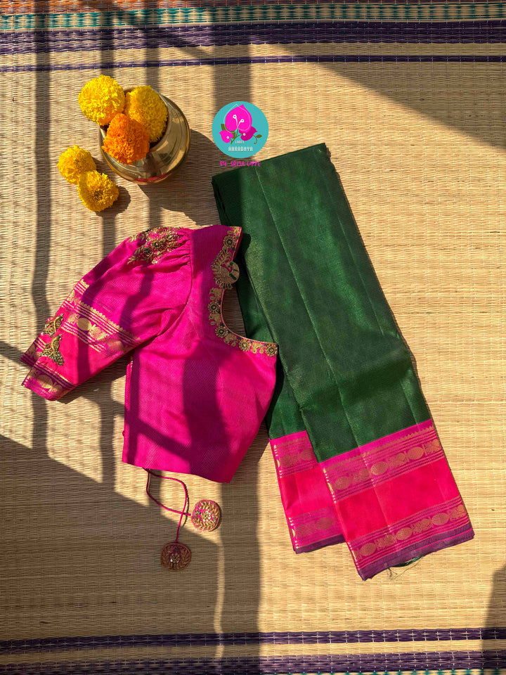 The Royal Garden: Emerald & Pink Vaira Oosi Kanchi Silk with Embroidered Peacock Majesty