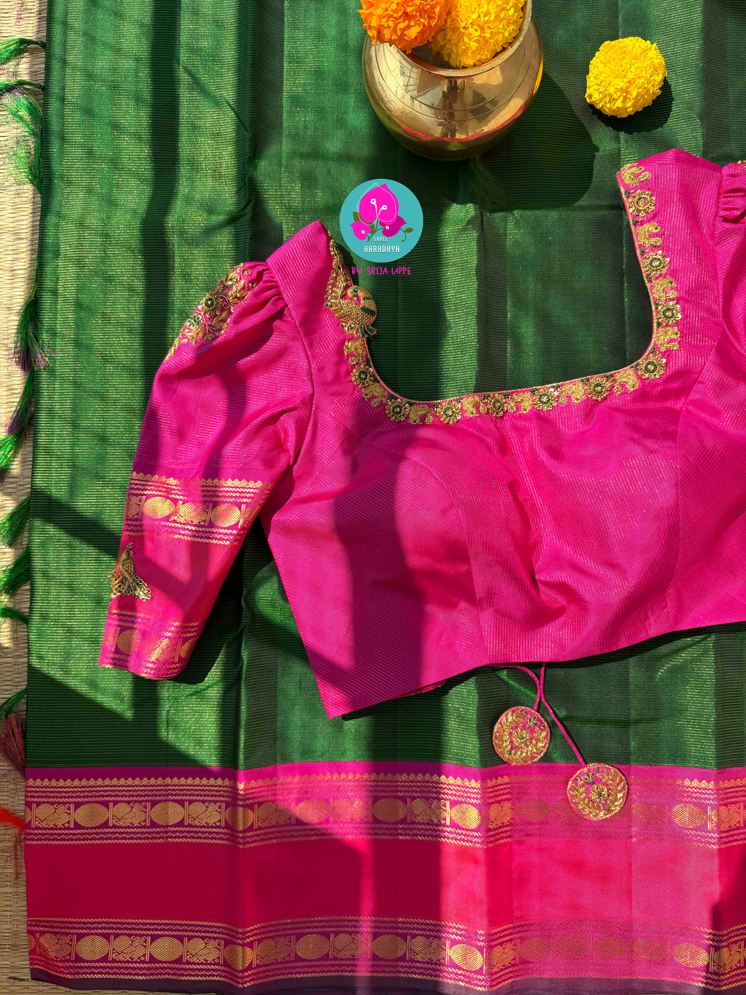 The Royal Garden: Emerald & Pink Vaira Oosi Kanchi Silk with Embroidered Peacock Majesty