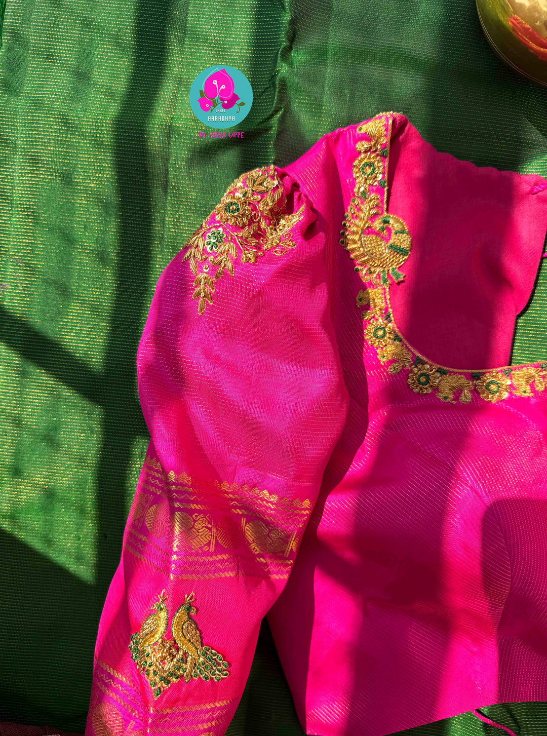 The Royal Garden: Emerald & Pink Vaira Oosi Kanchi Silk with Embroidered Peacock Majesty