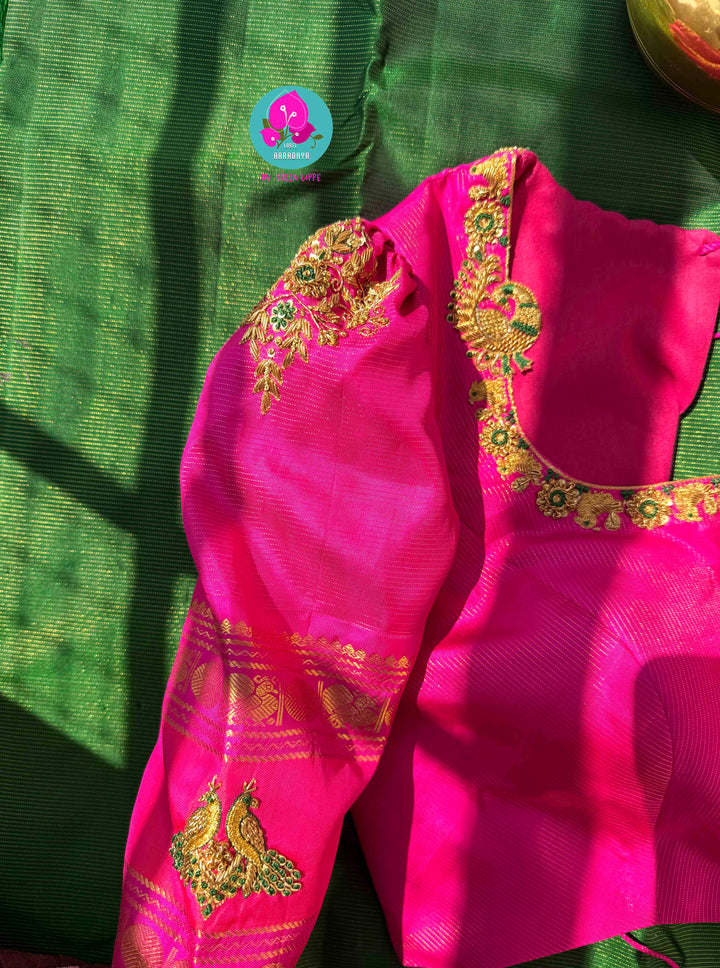The Royal Garden: Emerald & Pink Vaira Oosi Kanchi Silk with Embroidered Peacock Majesty