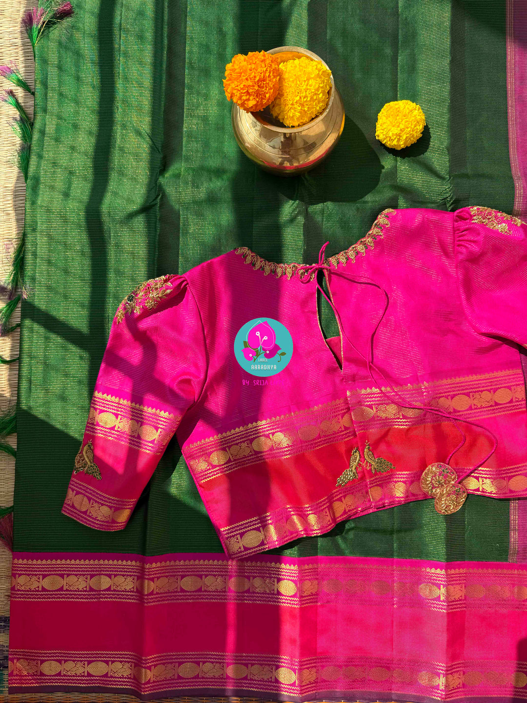 The Royal Garden: Emerald & Pink Vaira Oosi Kanchi Silk with Embroidered Peacock Majesty