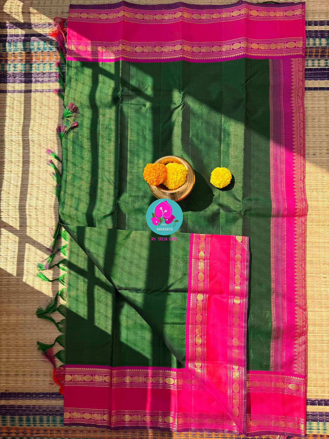 The Royal Garden: Emerald & Pink Vaira Oosi Kanchi Silk with Embroidered Peacock Majesty