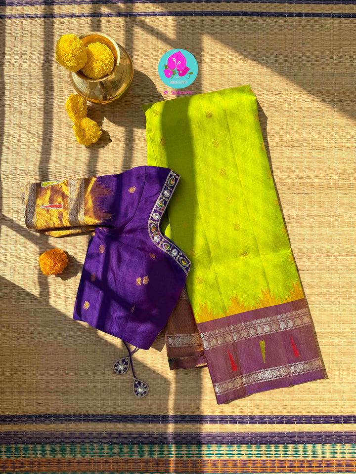 Bright Lemon Green Pure Tissue Gadwal with a Jewel-Encrusted Purple Blouse