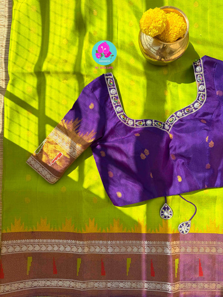 Bright Lemon Green Pure Tissue Gadwal with a Jewel-Encrusted Purple Blouse