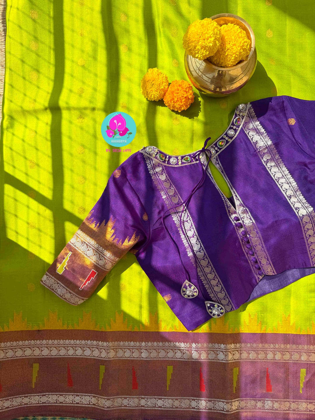 Bright Lemon Green Pure Tissue Gadwal with a Jewel-Encrusted Purple Blouse