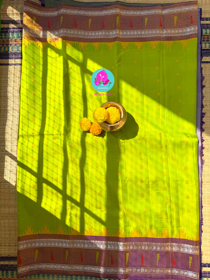 Bright Lemon Green Pure Tissue Gadwal with a Jewel-Encrusted Purple Blouse