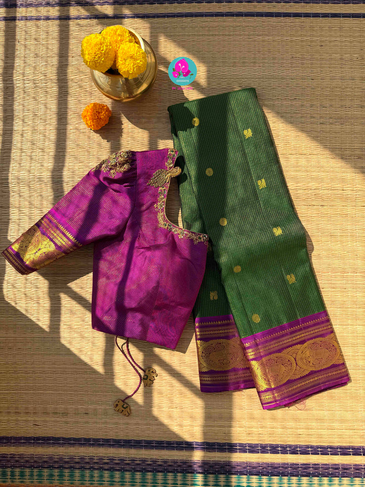 The Royal Garden: Deep Green & Magenta Vaira Oosi Kanchi Silk with Embroidered Peacock Majesty