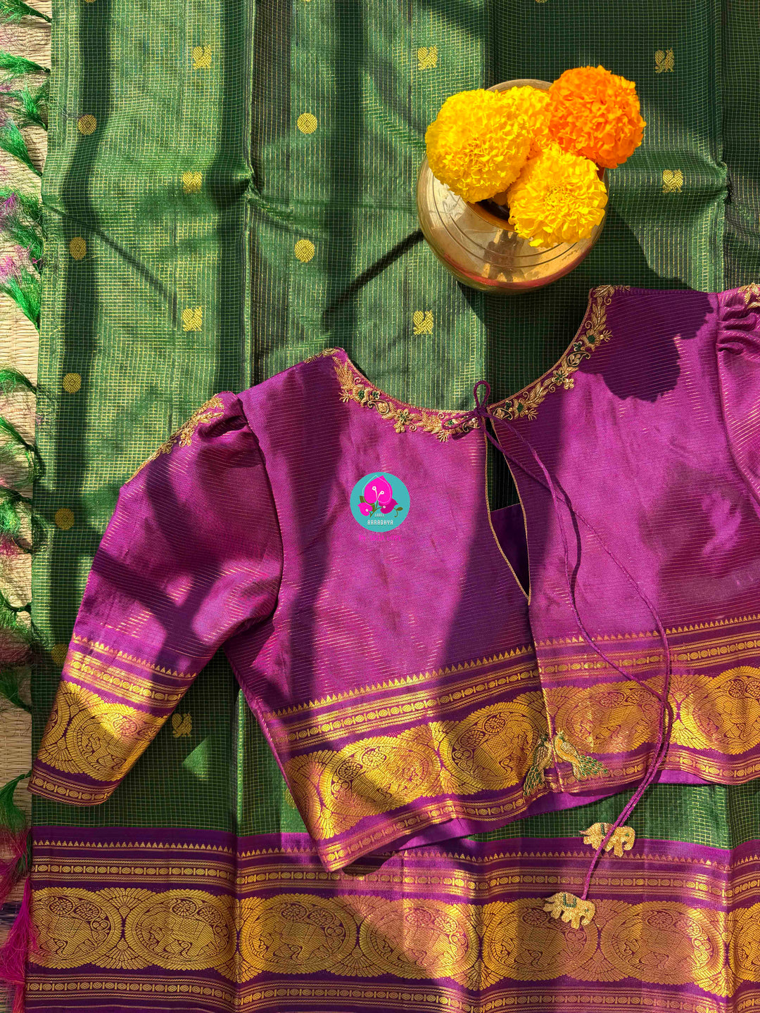 The Royal Garden: Deep Green & Magenta Vaira Oosi Kanchi Silk with Embroidered Peacock Majesty