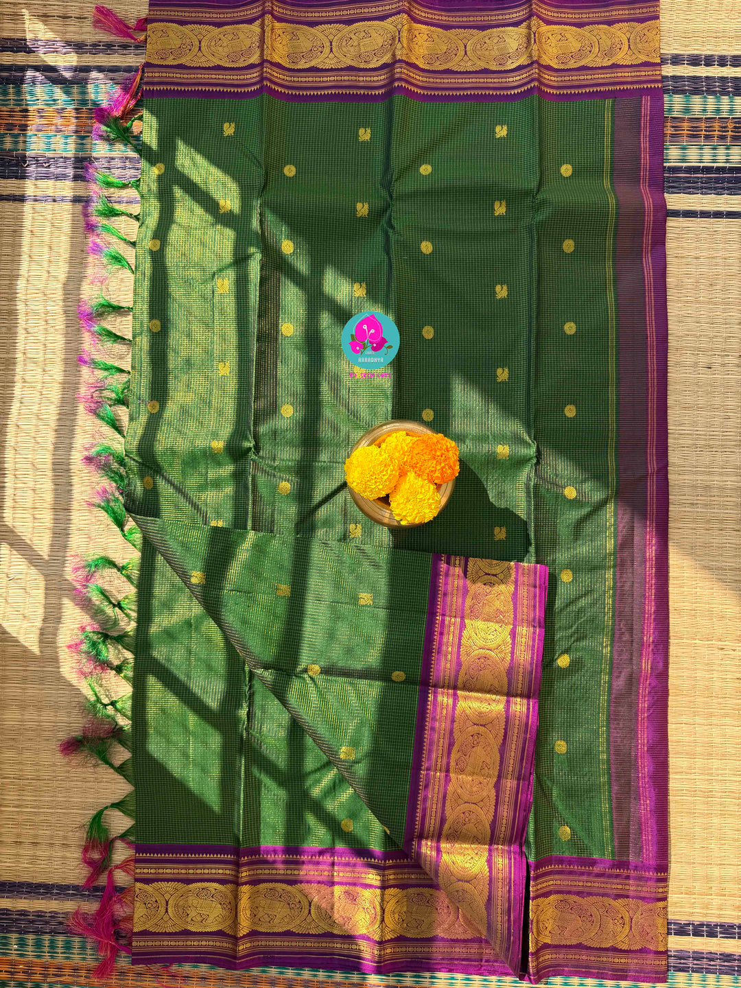 The Royal Garden: Deep Green & Magenta Vaira Oosi Kanchi Silk with Embroidered Peacock Majesty