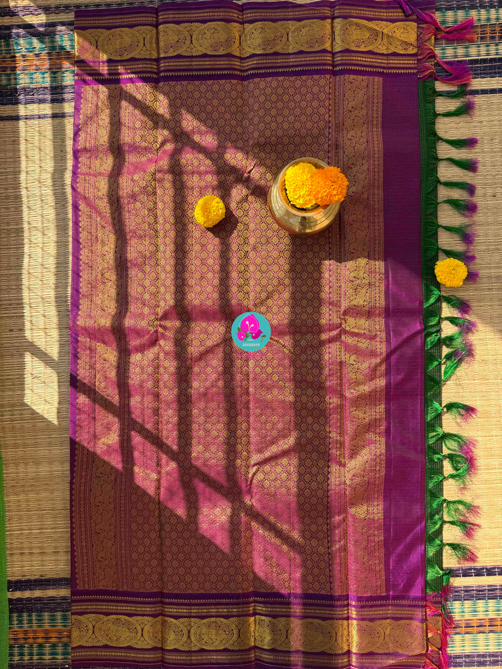 The Royal Garden: Deep Green & Magenta Vaira Oosi Kanchi Silk with Embroidered Peacock Majesty