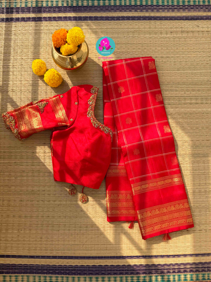 Eternal Radiance: Crimson Red Pure Kanchipattu with Gilded Zari & Hand-Embroidered Peacock Artistry