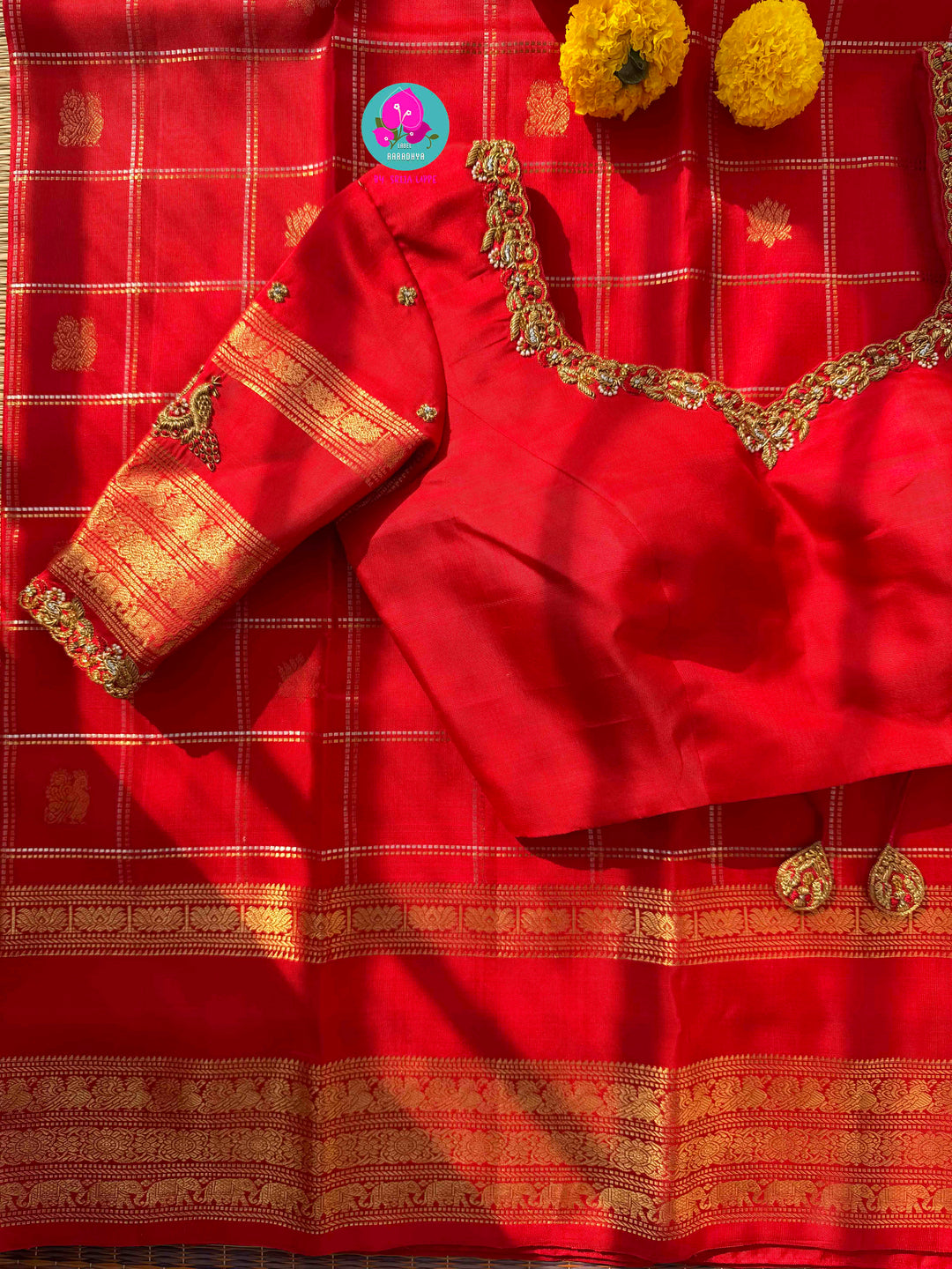 Eternal Radiance: Crimson Red Pure Kanchipattu with Gilded Zari & Hand-Embroidered Peacock Artistry