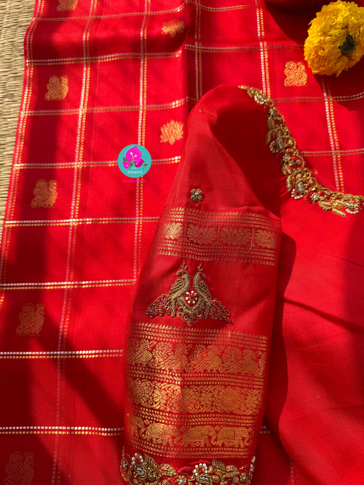 Eternal Radiance: Crimson Red Pure Kanchipattu with Gilded Zari & Hand-Embroidered Peacock Artistry