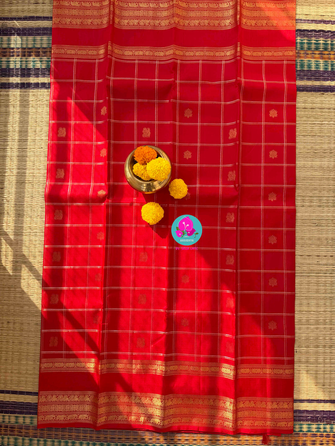 Eternal Radiance: Crimson Red Pure Kanchipattu with Gilded Zari & Hand-Embroidered Peacock Artistry