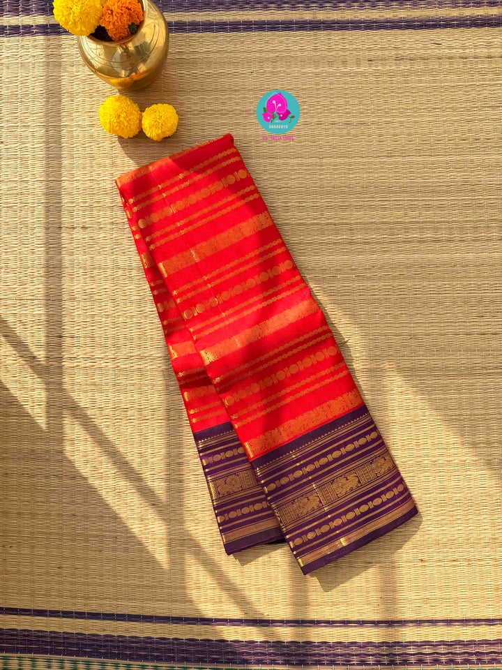 Vintage Majesty: Vibrant Red 2G Zari Kanchi Silk with Vaira Oosi Lines & Royal Purple Baldari Borders