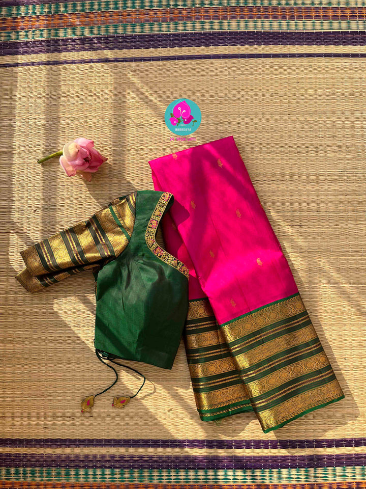 The Lotus Bloom: Tamara Pink Kanjivaram Saree with Contrast Green & Gold Mango Buttas