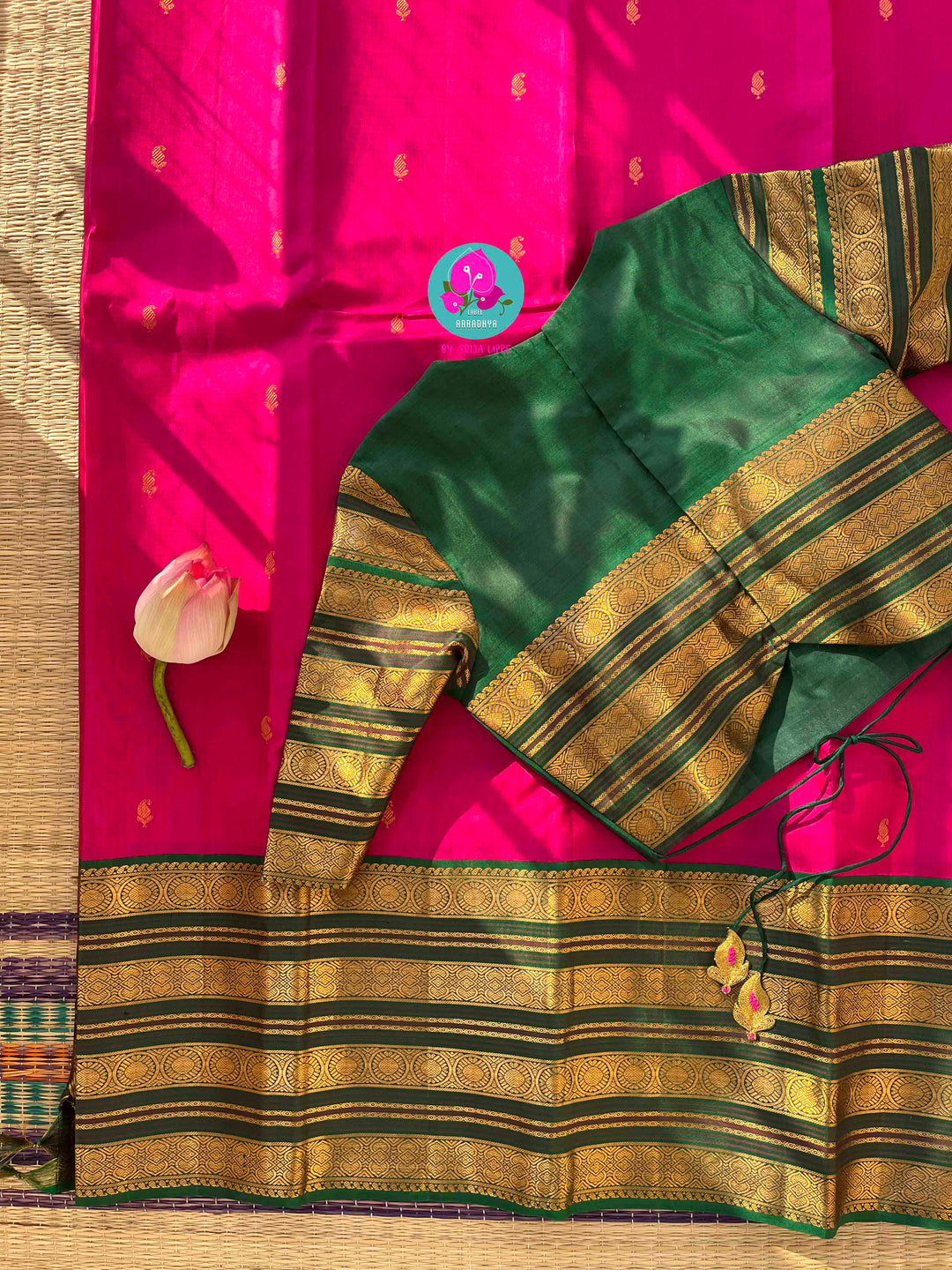 The Lotus Bloom: Tamara Pink Kanjivaram Saree with Contrast Green & Gold Mango Buttas