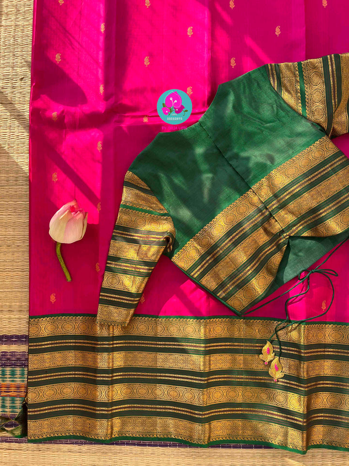 The Lotus Bloom: Tamara Pink Kanjivaram Saree with Contrast Green & Gold Mango Buttas