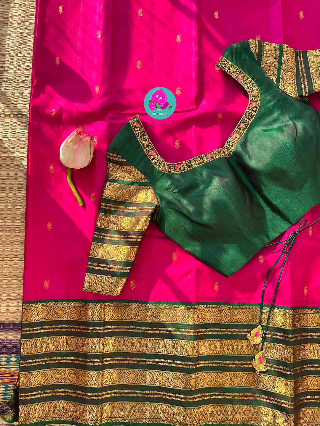 The Lotus Bloom: Tamara Pink Kanjivaram Saree with Contrast Green & Gold Mango Buttas