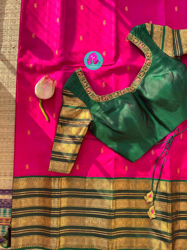 The Lotus Bloom: Tamara Pink Kanjivaram Saree with Contrast Green & Gold Mango Buttas