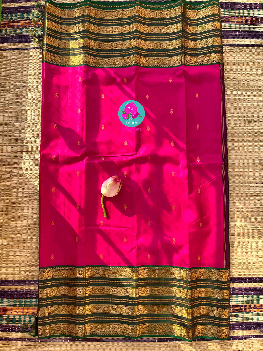 The Lotus Bloom: Tamara Pink Kanjivaram Saree with Contrast Green & Gold Mango Buttas