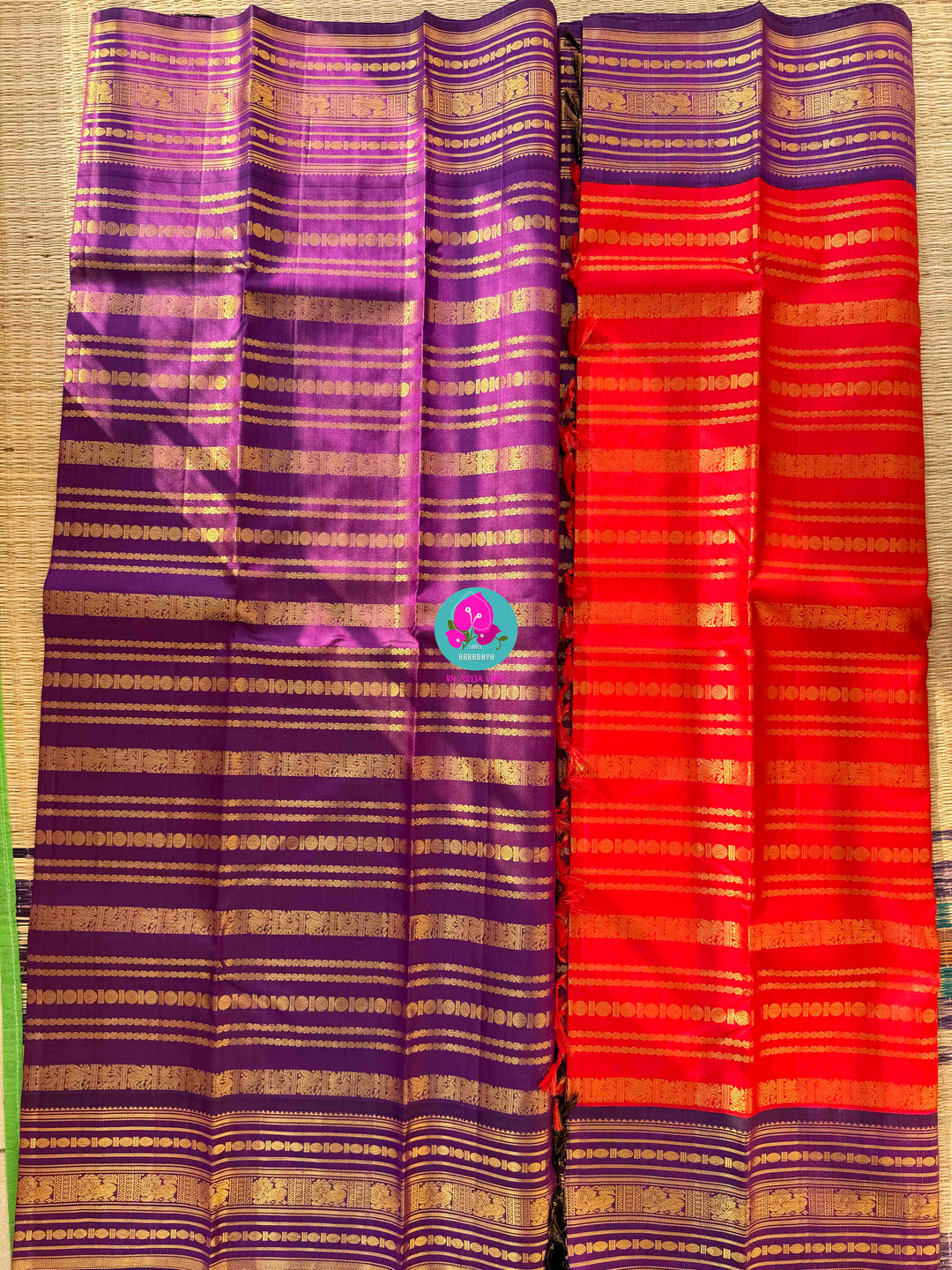 Vintage Majesty: Vibrant Red 2G Zari Kanchi Silk with Vaira Oosi Lines & Royal Purple Baldari Borders