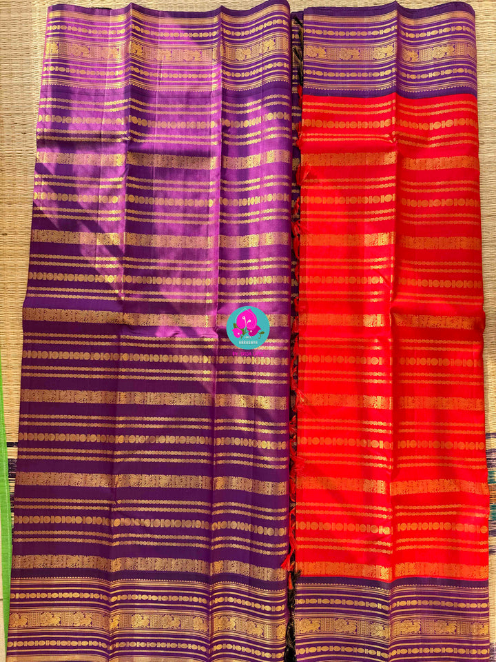 Vintage Majesty: Vibrant Red 2G Zari Kanchi Silk with Vaira Oosi Lines & Royal Purple Baldari Borders