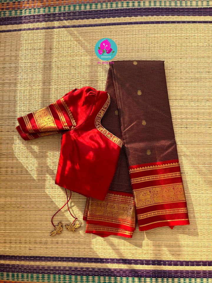 The 2G Zari Legacy: Dark Brown Silk Saree with Vaira Oosi and Red Contrast