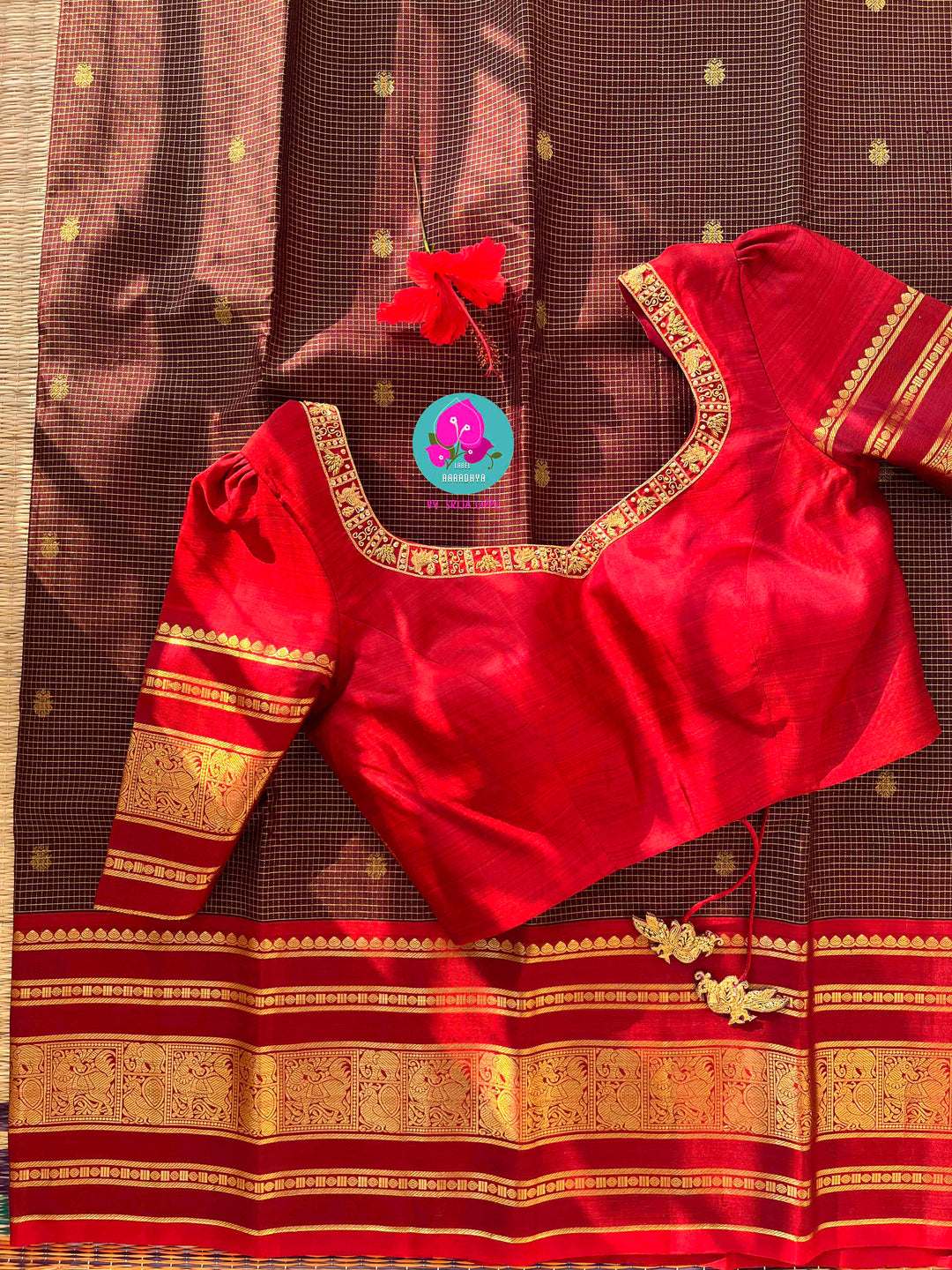 The 2G Zari Legacy: Dark Brown Silk Saree with Vaira Oosi and Red Contrast