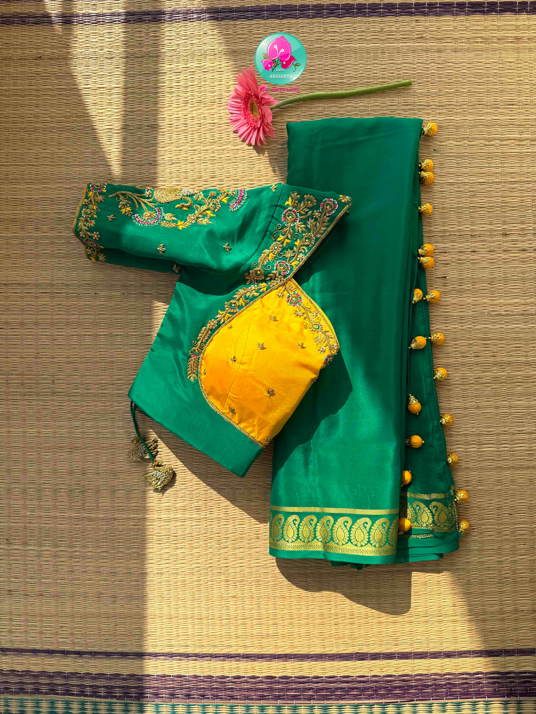 Royal Emerald & Sunburst Haldi: Bright Green 120gsm Pure Mysore Silk Saree with Hand-Embroidered Yellow Soft Silk Blouse