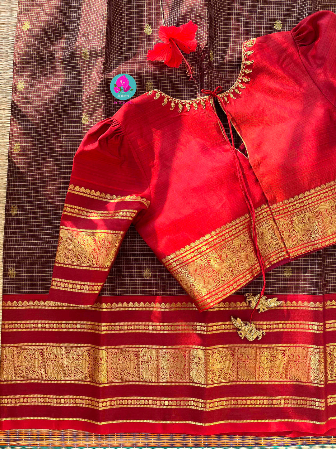 The 2G Zari Legacy: Dark Brown Silk Saree with Vaira Oosi and Red Contrast