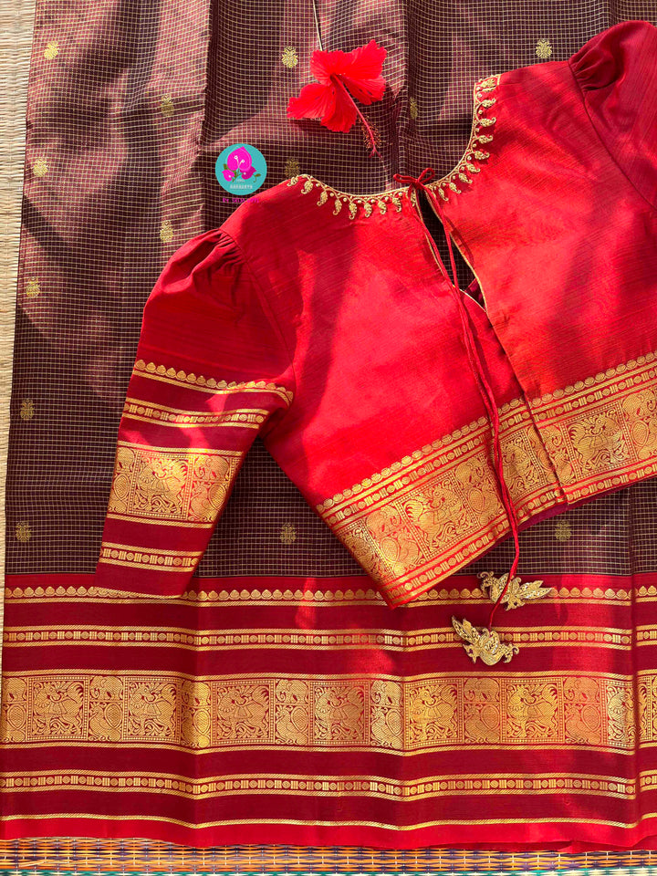 The 2G Zari Legacy: Dark Brown Silk Saree with Vaira Oosi and Red Contrast
