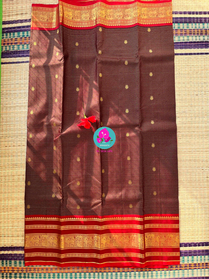The 2G Zari Legacy: Dark Brown Silk Saree with Vaira Oosi and Red Contrast
