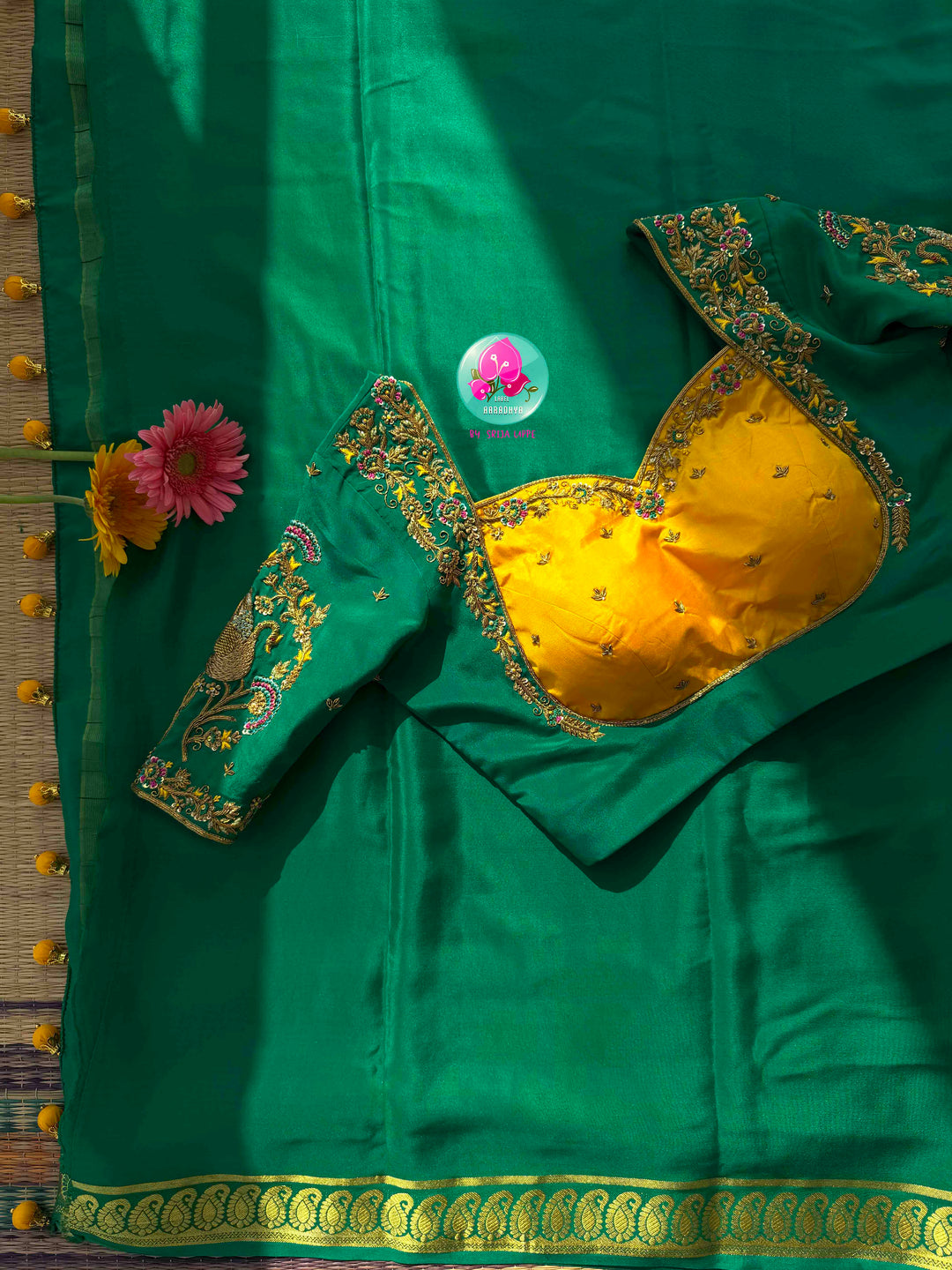Royal Emerald & Sunburst Haldi: Bright Green 120gsm Pure Mysore Silk Saree with Hand-Embroidered Yellow Soft Silk Blouse