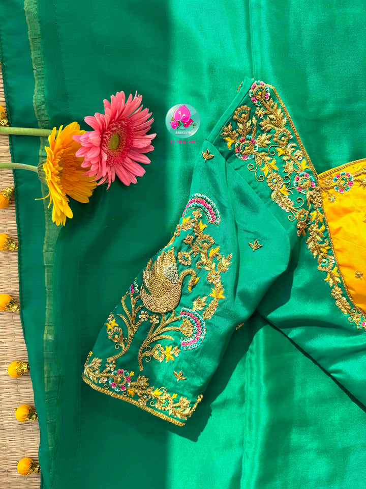 Royal Emerald & Sunburst Haldi: Bright Green 120gsm Pure Mysore Silk Saree with Hand-Embroidered Yellow Soft Silk Blouse