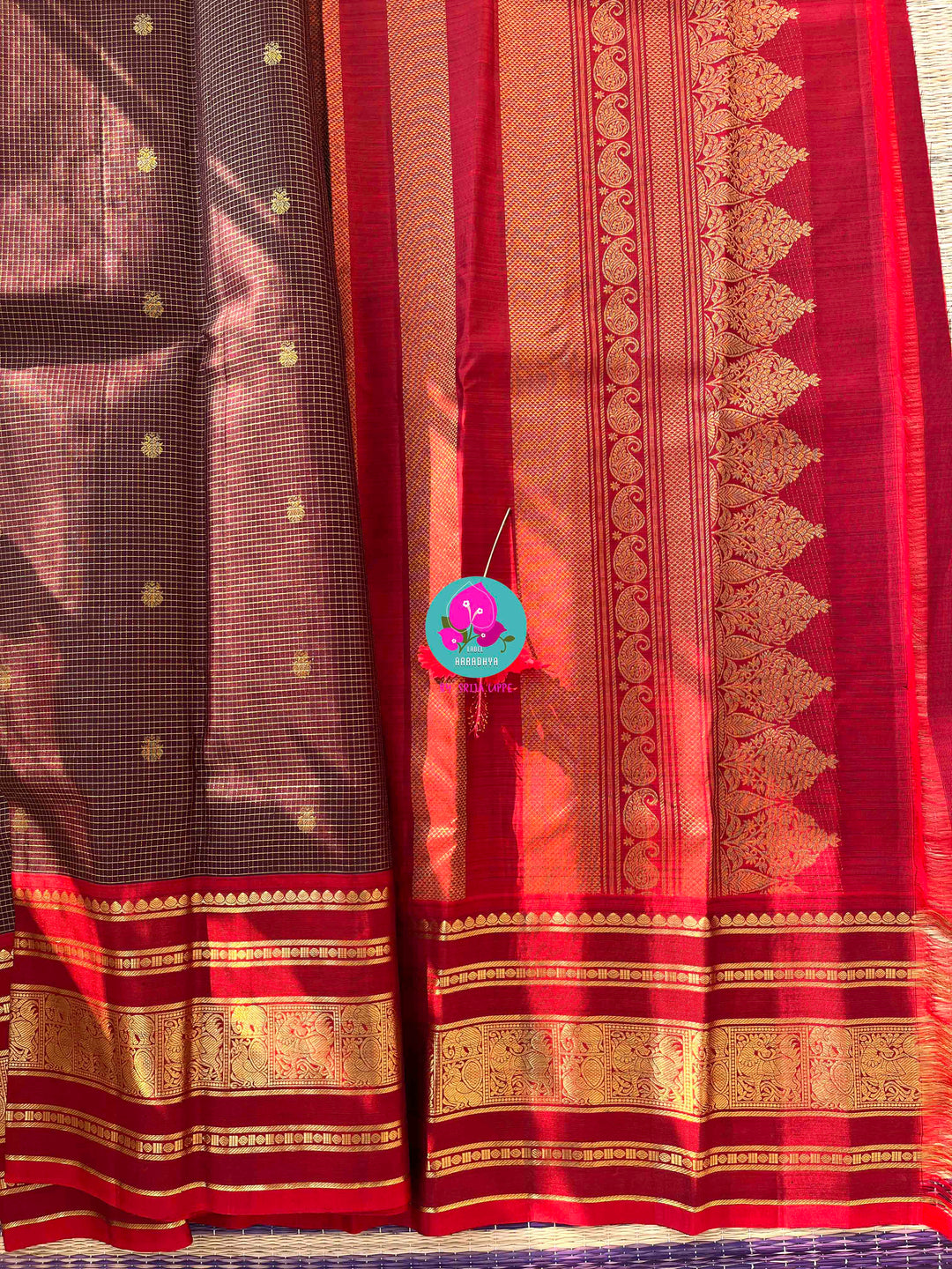 The 2G Zari Legacy: Dark Brown Silk Saree with Vaira Oosi and Red Contrast