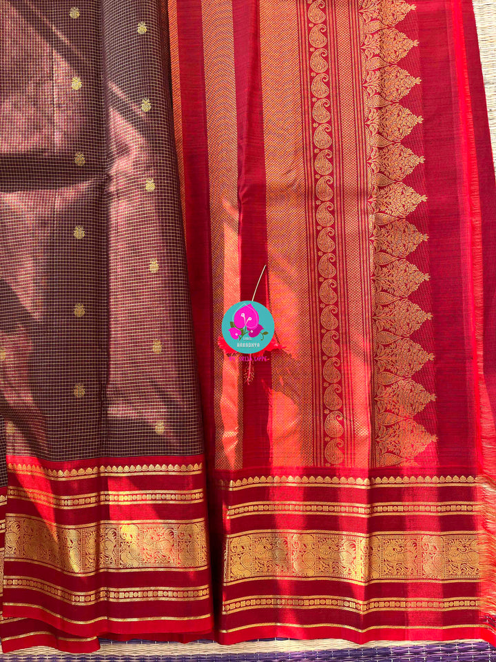 The 2G Zari Legacy: Dark Brown Silk Saree with Vaira Oosi and Red Contrast