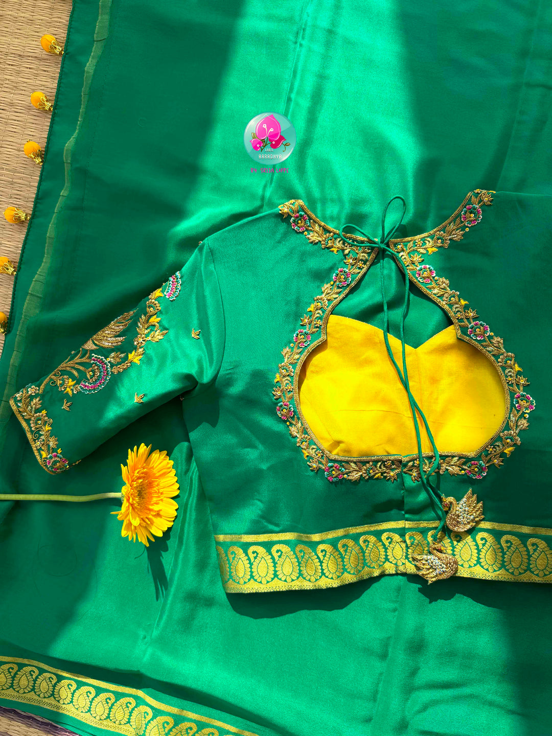 Royal Emerald & Sunburst Haldi: Bright Green 120gsm Pure Mysore Silk Saree with Hand-Embroidered Yellow Soft Silk Blouse