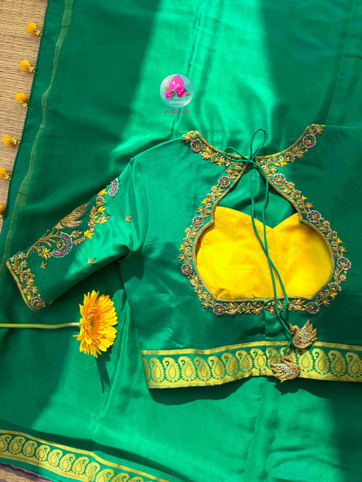 Royal Emerald & Sunburst Haldi: Bright Green 120gsm Pure Mysore Silk Saree with Hand-Embroidered Yellow Soft Silk Blouse