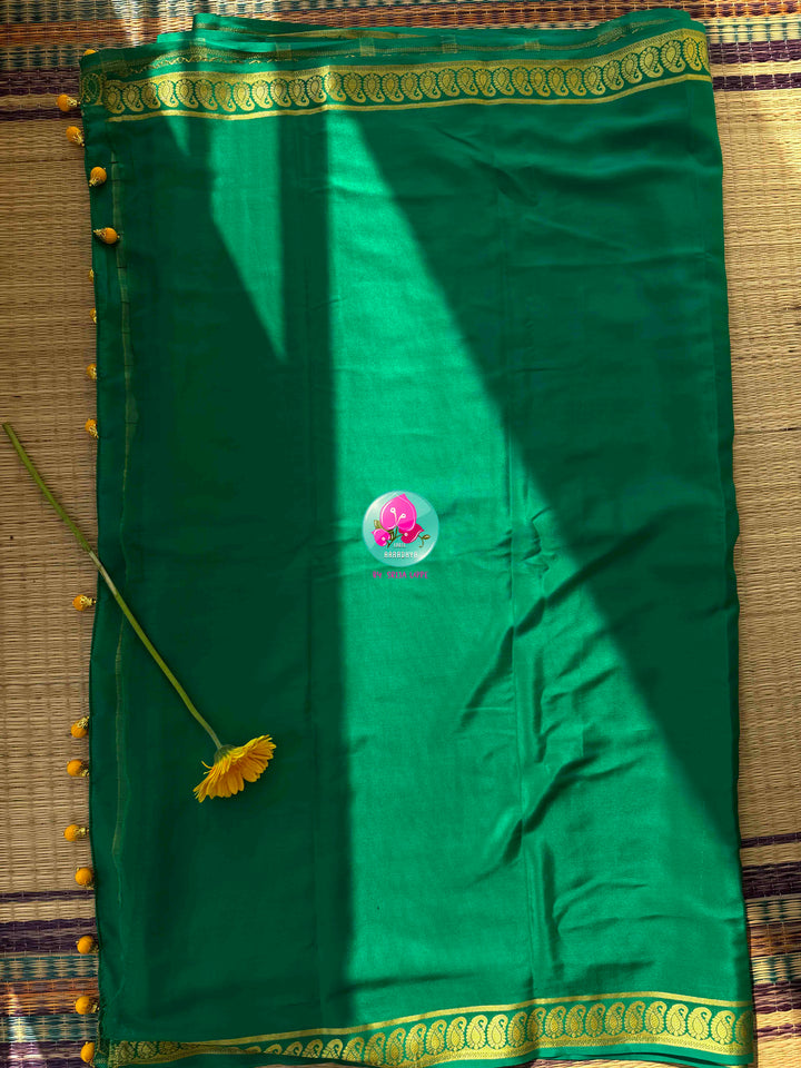 Royal Emerald & Sunburst Haldi: Bright Green 120gsm Pure Mysore Silk Saree with Hand-Embroidered Yellow Soft Silk Blouse