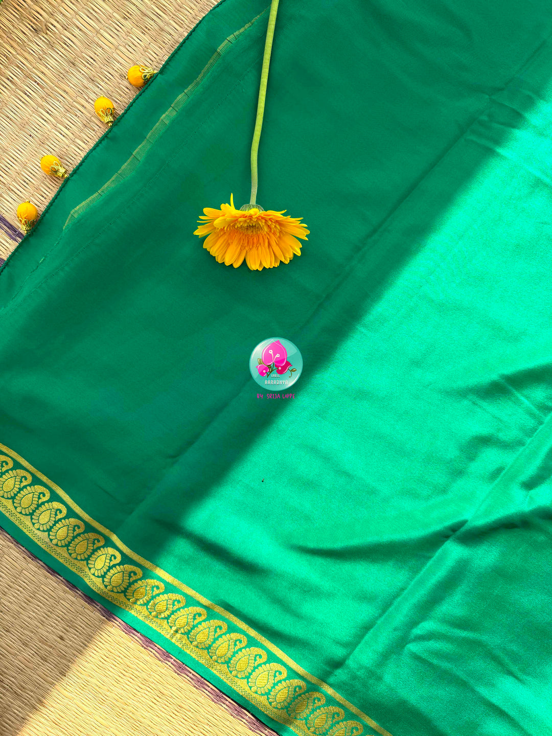 Royal Emerald & Sunburst Haldi: Bright Green 120gsm Pure Mysore Silk Saree with Hand-Embroidered Yellow Soft Silk Blouse