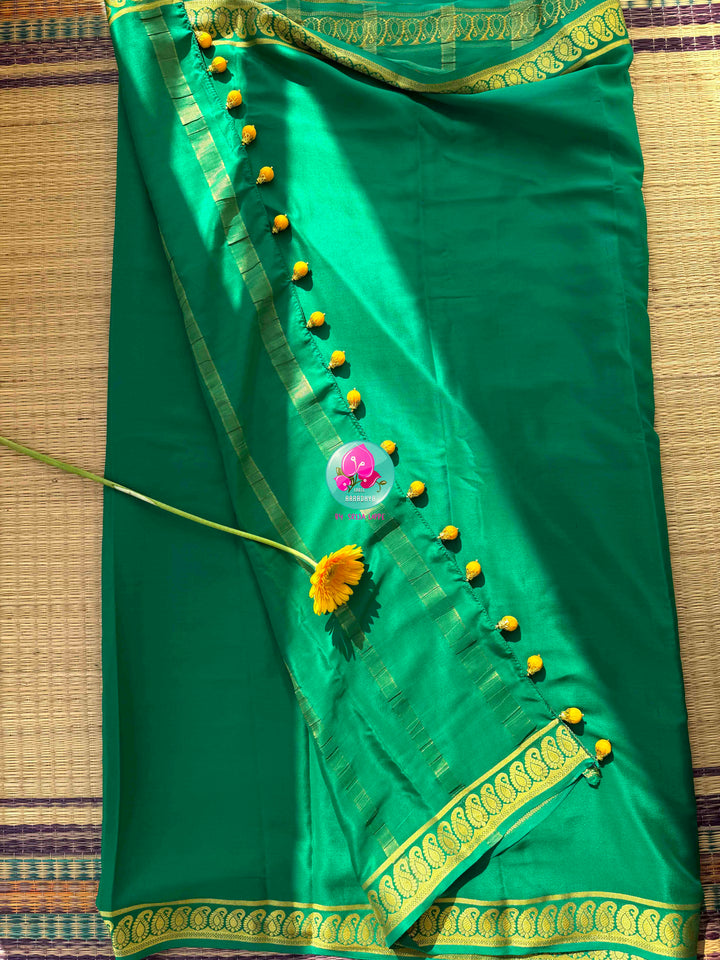 Royal Emerald & Sunburst Haldi: Bright Green 120gsm Pure Mysore Silk Saree with Hand-Embroidered Yellow Soft Silk Blouse