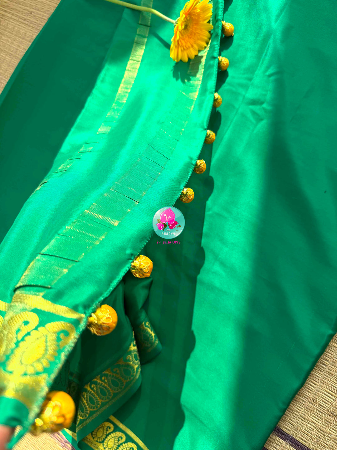 Royal Emerald & Sunburst Haldi: Bright Green 120gsm Pure Mysore Silk Saree with Hand-Embroidered Yellow Soft Silk Blouse