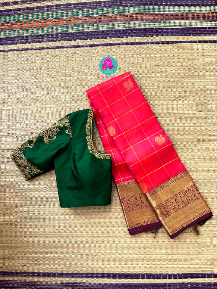 Madras Checks Kanchipattu Saree Paired with Hand-Embroidered Forest Green blouse