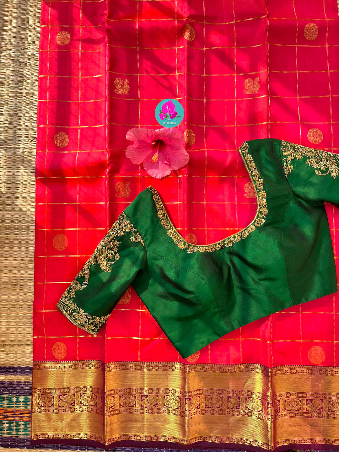 Madras Checks Kanchipattu Saree Paired with Hand-Embroidered Forest Green blouse